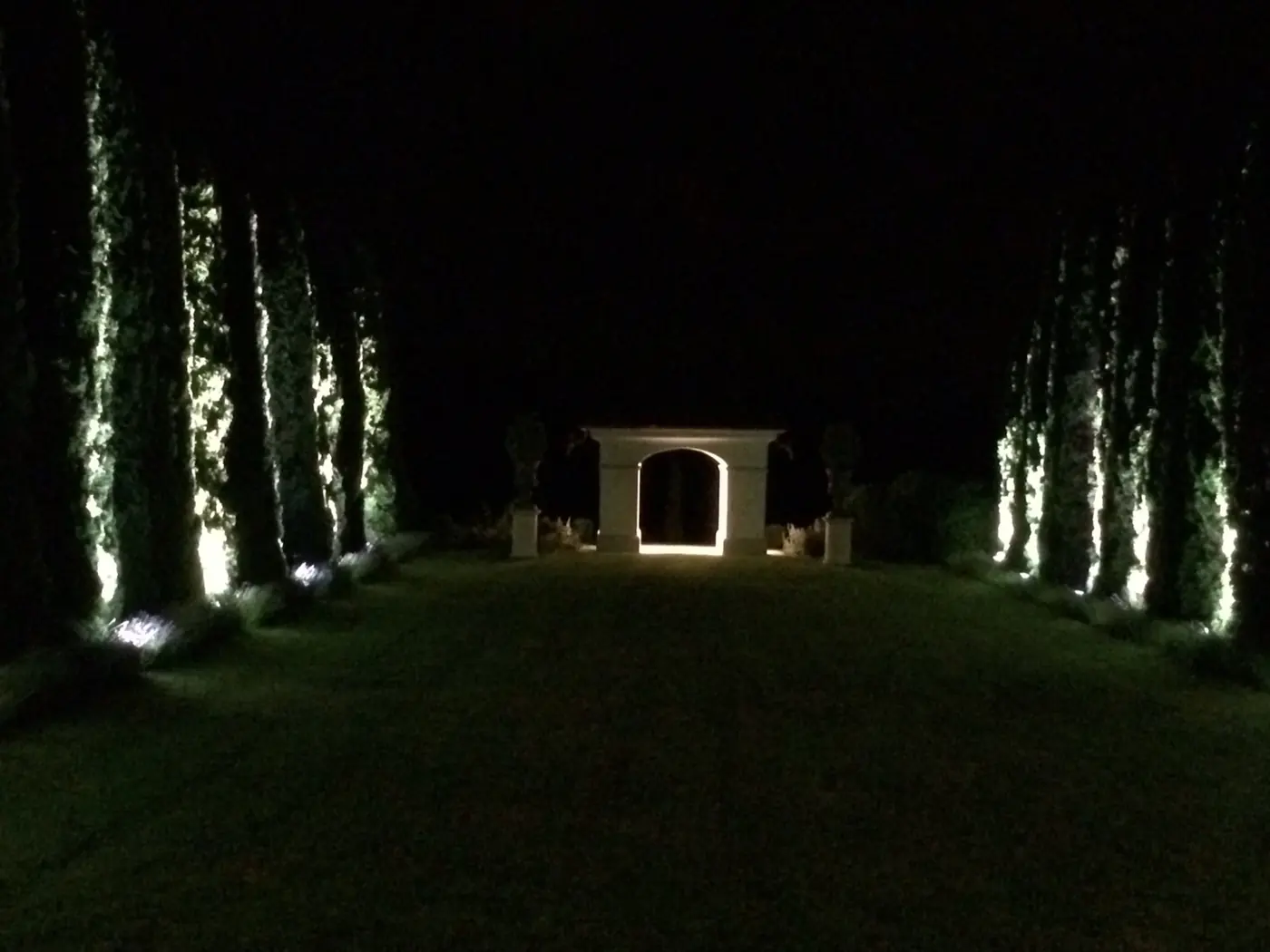 Beleuchtete Gartenallee bei Nacht